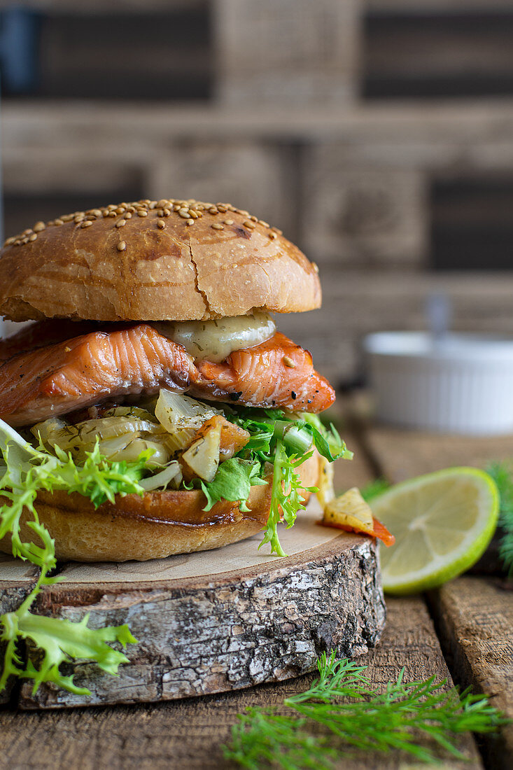 Burger with roast salmon