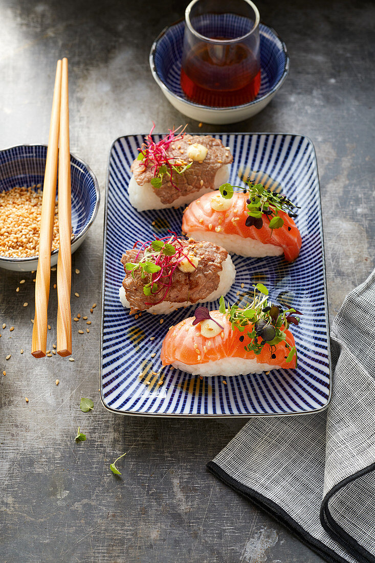 Surf and turf sushi with salmon and entrecôte
