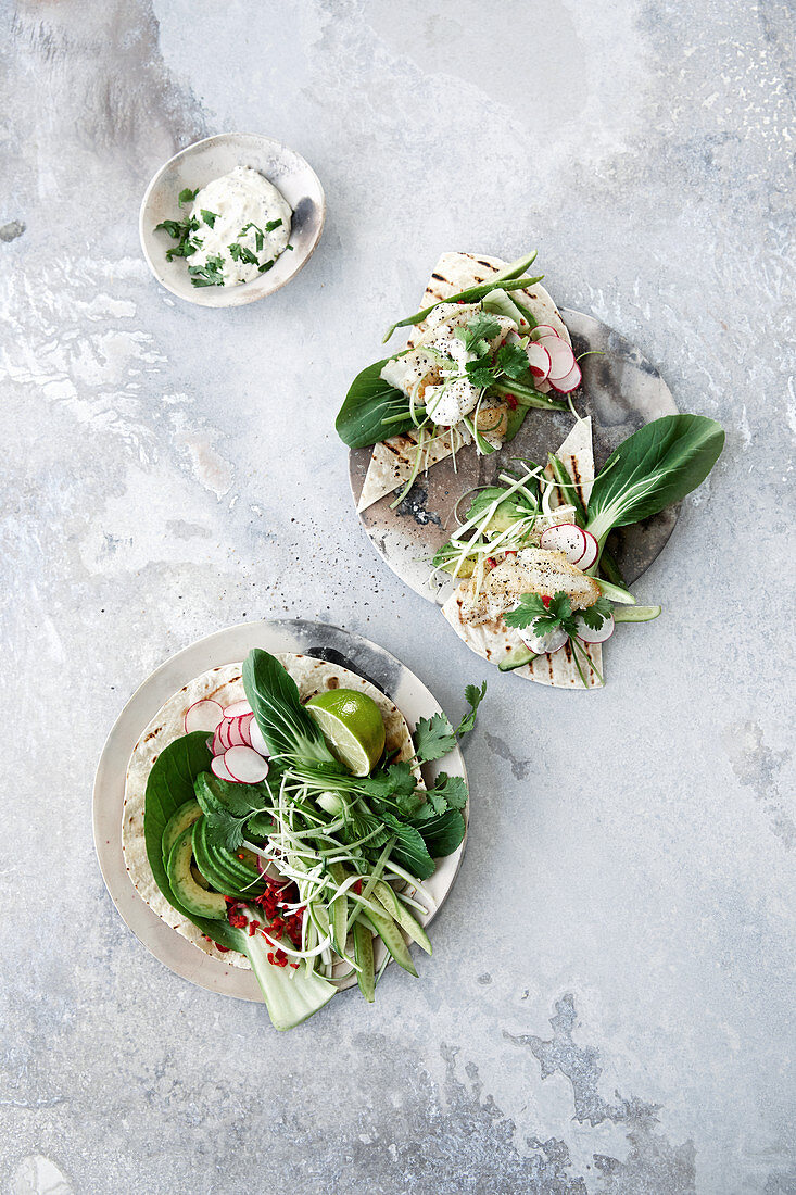 Flounder tacos with spicy avocado salad