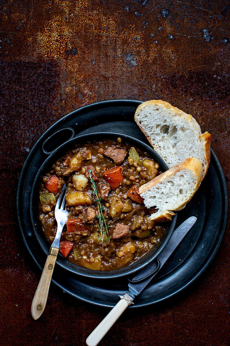 Irish stew with lamb, barley and vegetables