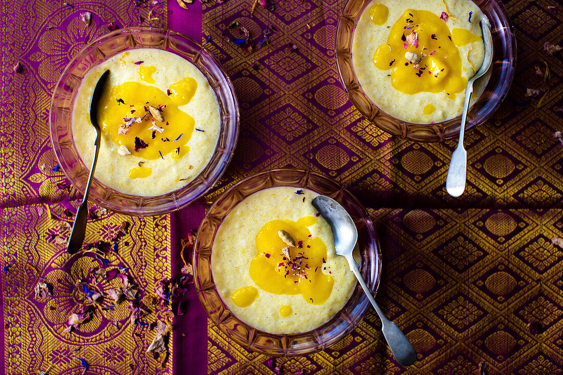 Rice pudding with mango sauce and cardamom