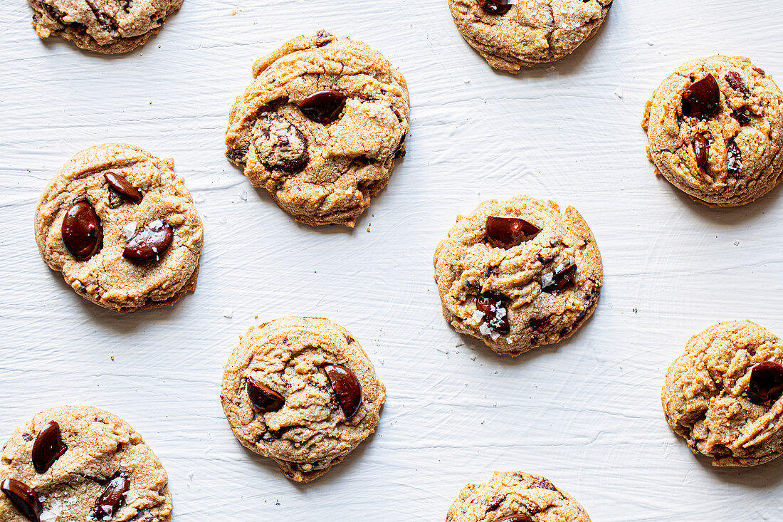 Mehrere Chocolate Chip Cookies auf hellem Untergrund