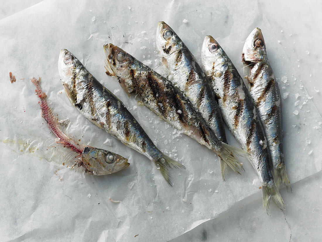 Grilled sardines on paper
