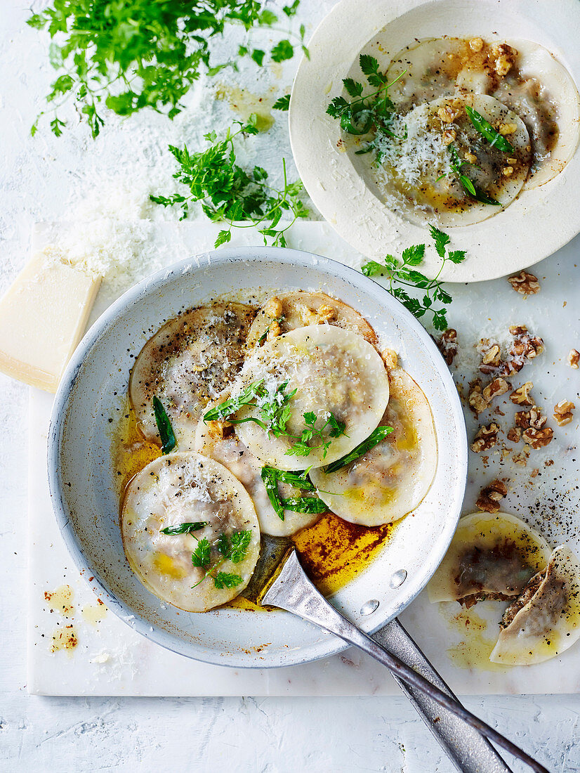 Mushroom and goat's cheese ravioli with tarragon butter