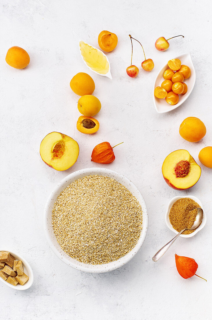 Healthy breakfast with oats and apricots, honey and sugar