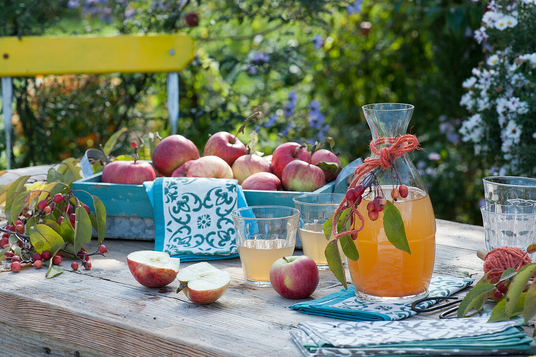Tray with freshly picked apples, decanters and glasses with apple juice, crab apples as decoration