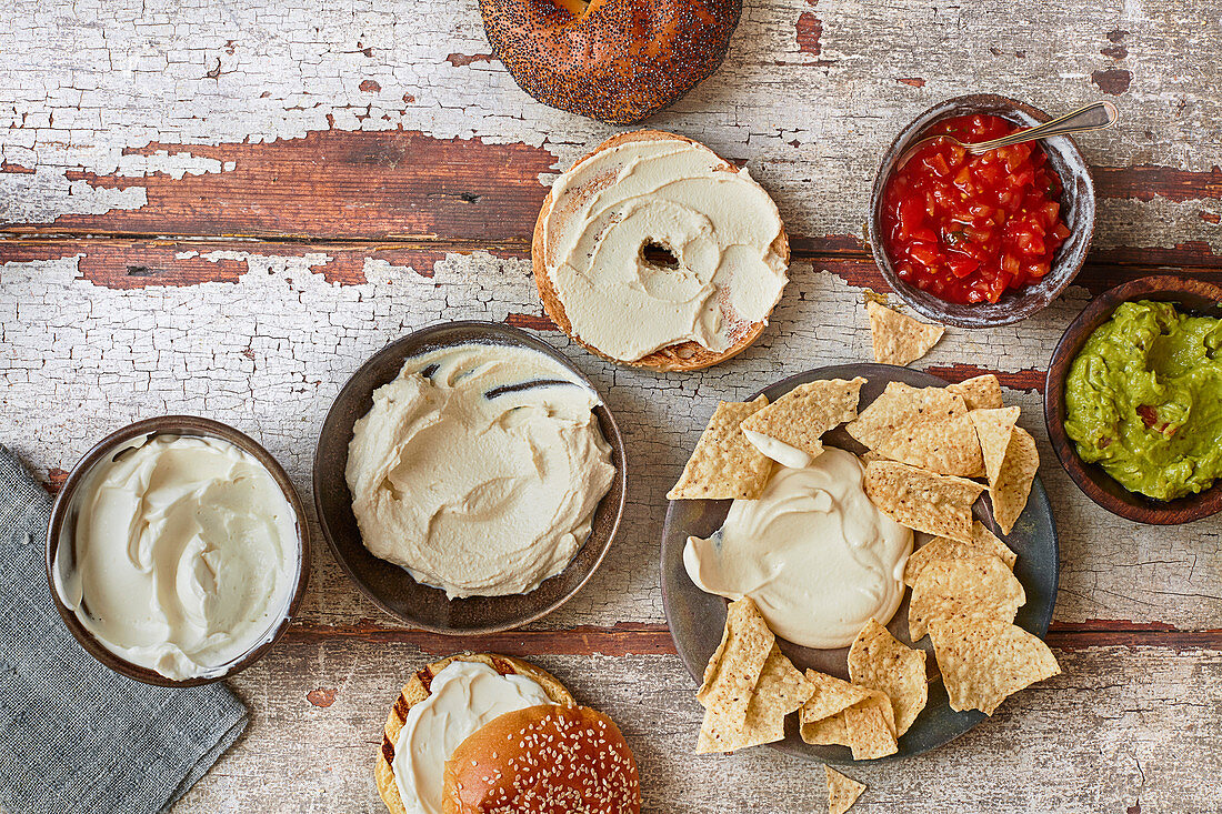 Five-minute vegan blender burger with soy milk mayo, tofu cream cheese or cashew soured cream