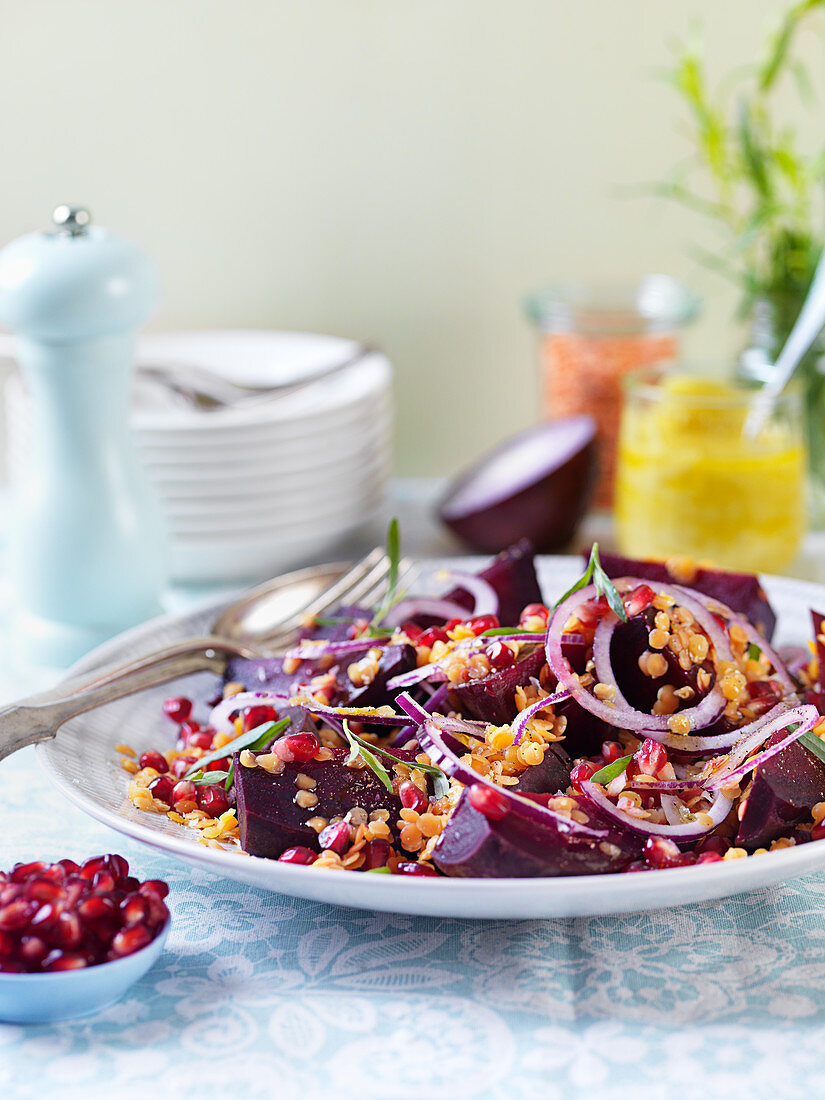 Beetroot salad with lentils and pomegranate