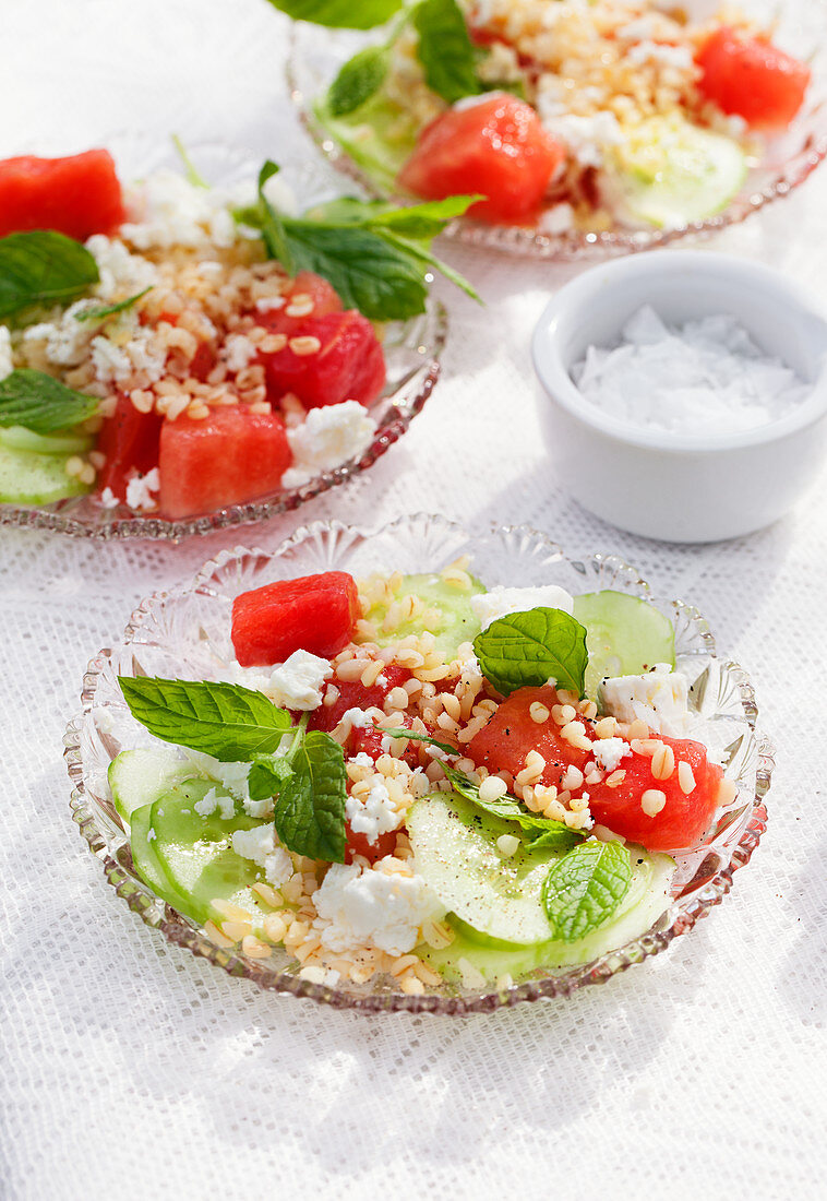 Watermelon cucumber salad with feta and mint
