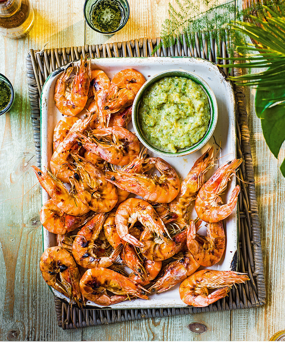 Grilled prawns with roasted gooseberry salsa
