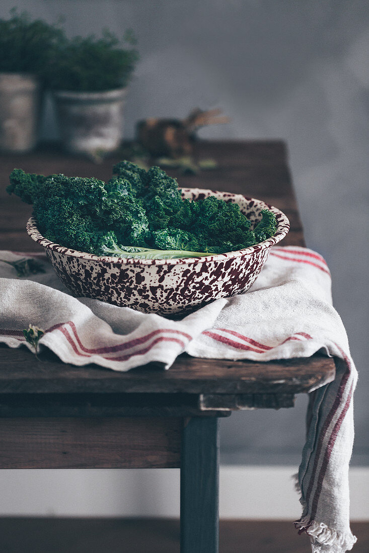 Frischer Grünkohl in Vintage-Emailleschale auf rustikalem Holztisch
