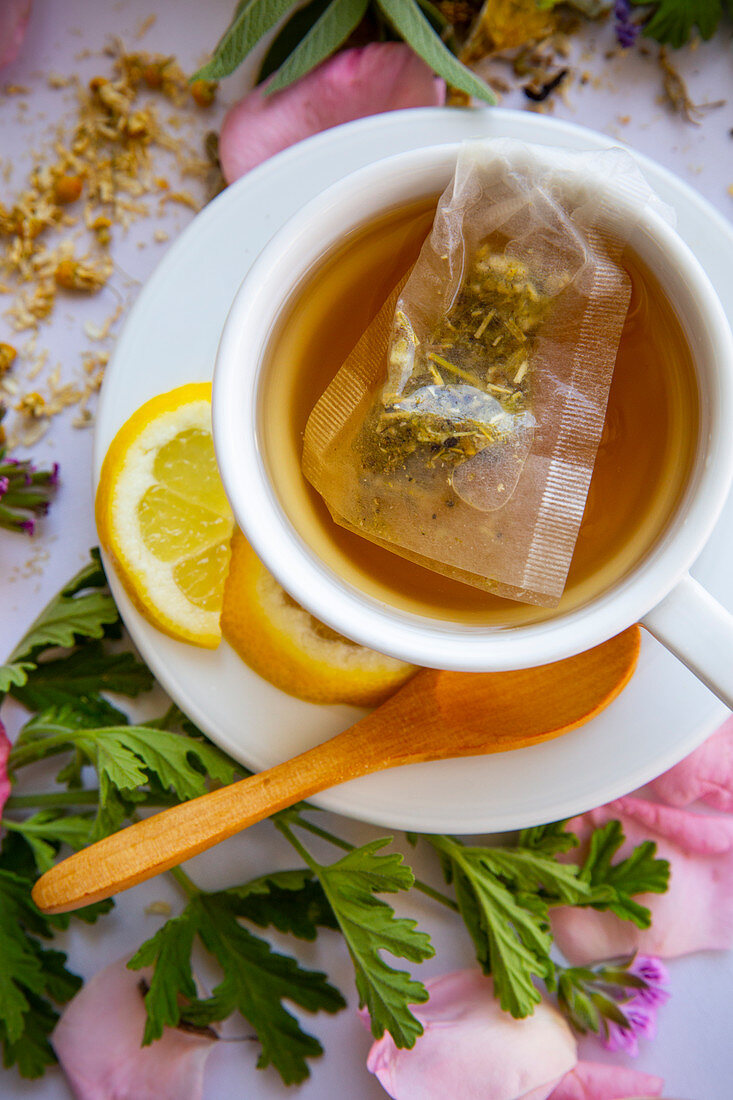 Tasse Tee mit Teebeutel und Zitronenscheiben