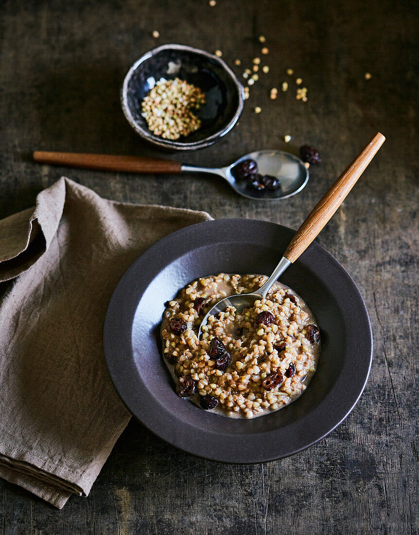 Simple buckwheat breakfast with dried fruits