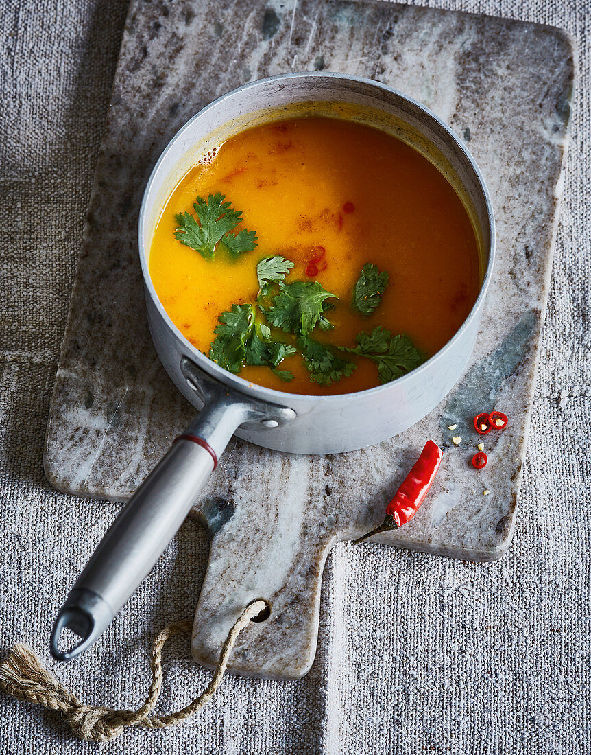 Vegan sweet potato and chilli soup with ginger