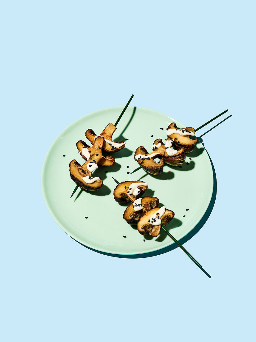 Mushroom kebabs with aioli