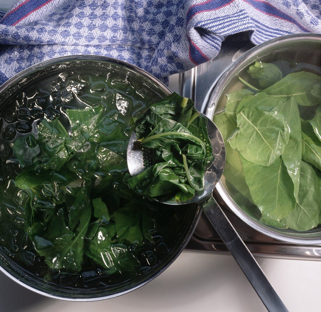 Blanching spinach (boil briefly & refresh in cold water)