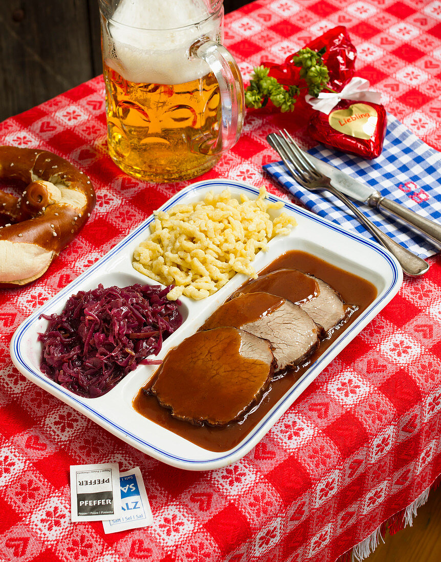 Sauerbraten with red cabbage and spaetzle