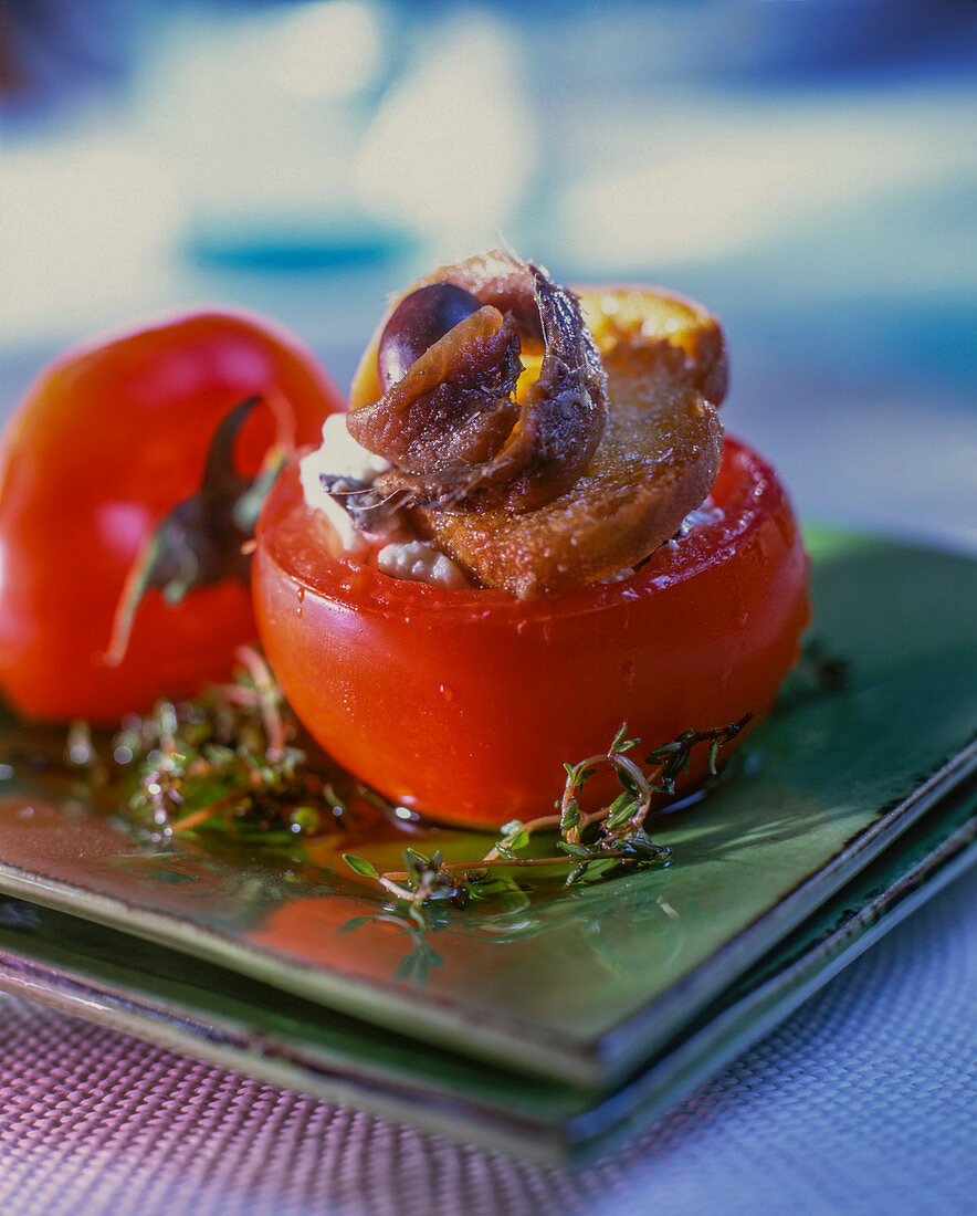 Gefüllte Tomate mit Brotchip und Anchovis