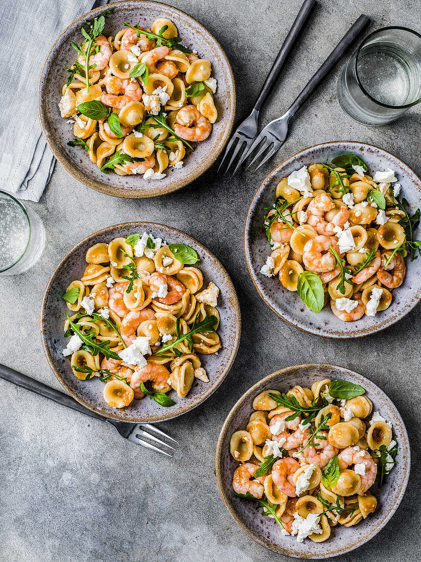 Orecchiette salad with prawns, basil, feta and tomato caper dressing