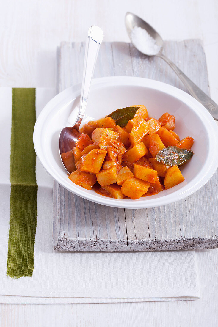 Kartoffelragout mit Zwiebeln, Lorbeer und Paprika