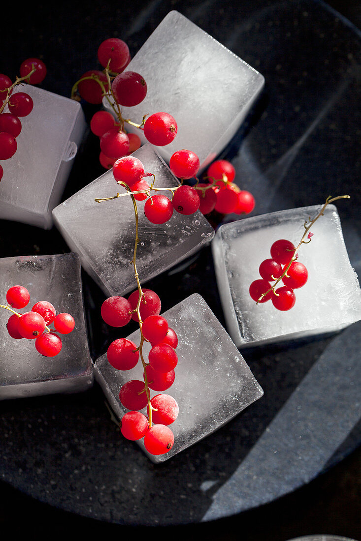 A stack of ice cubes with bunches of frozen red currants on top