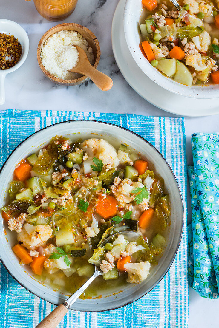 Vegetables and minced meat soup