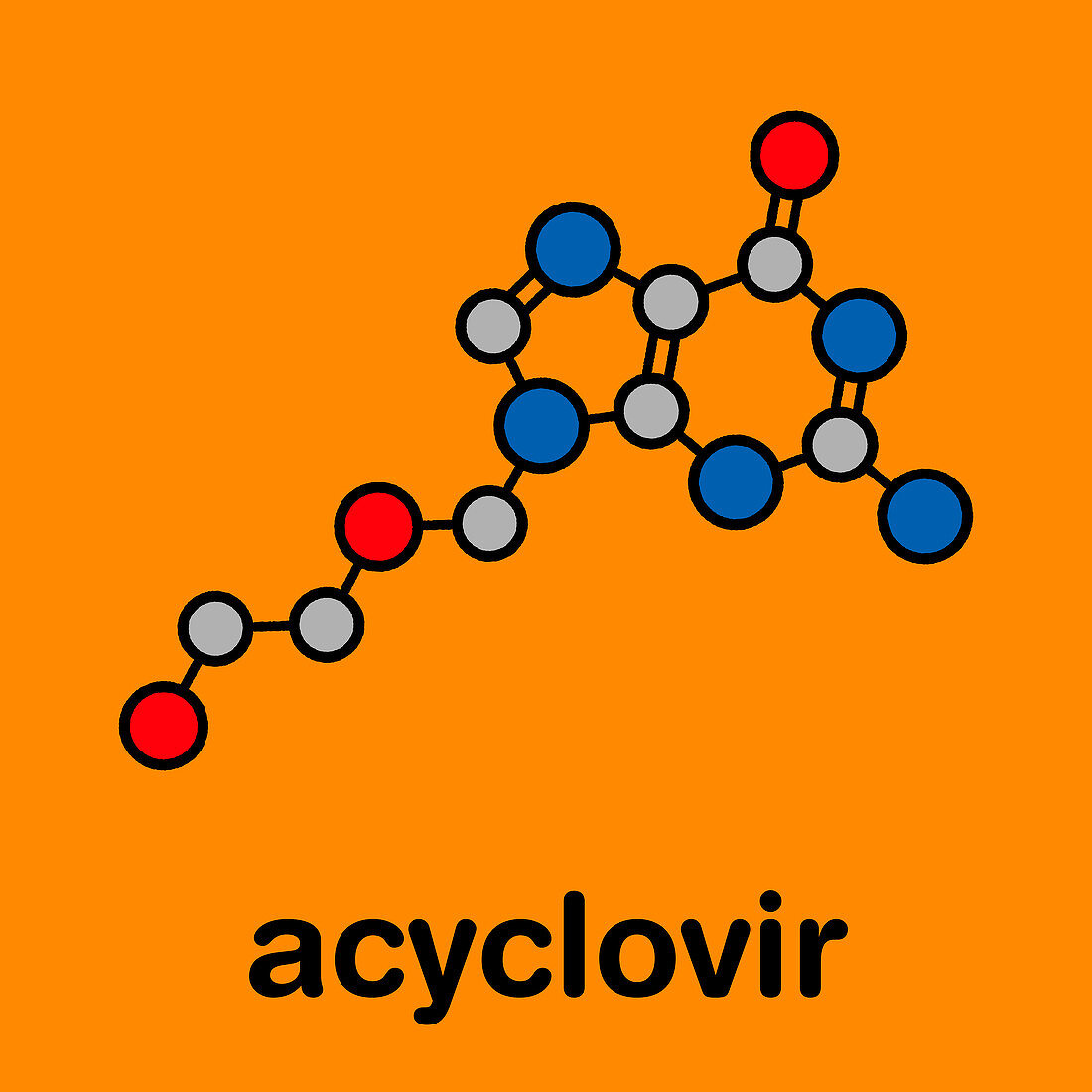 Acyclovir antiviral drug, molecular model