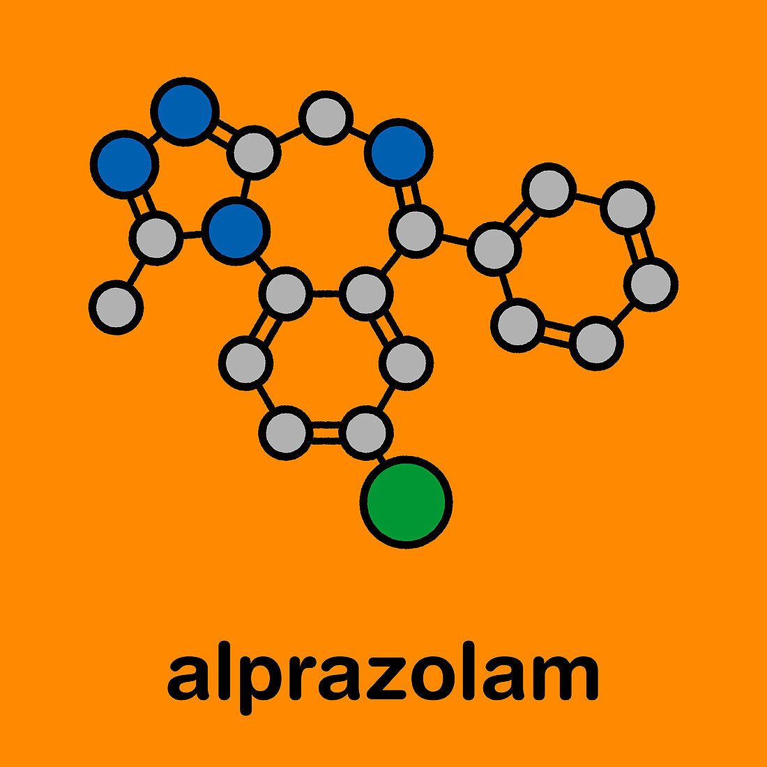 Alprazolam sedative and hypnotic drug, molecular model