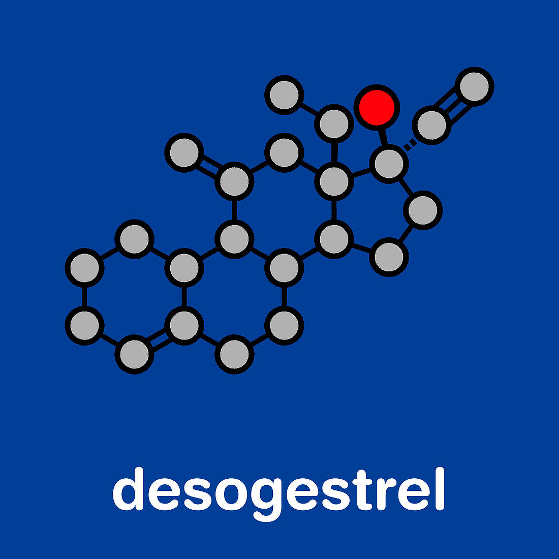 Desogestrel birth control pill drug, molecular model
