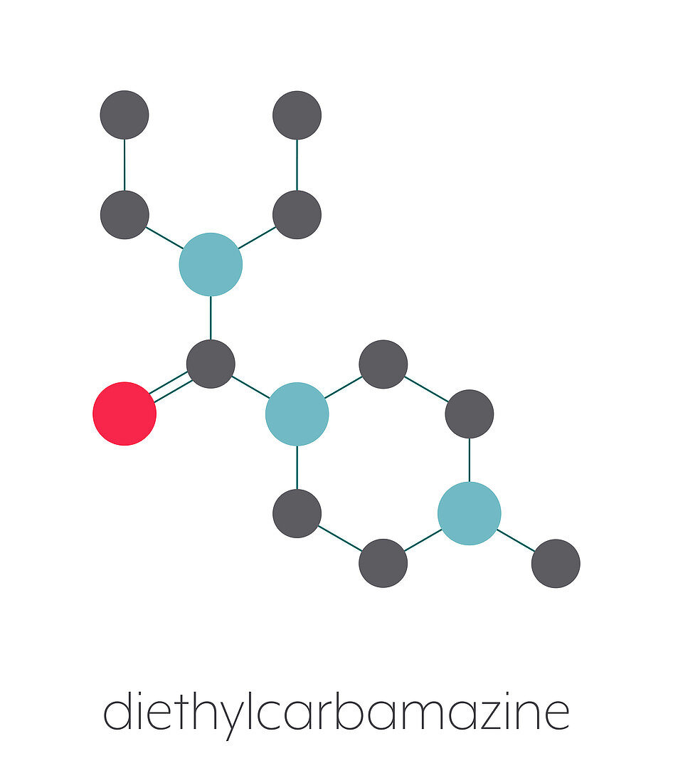 Diethylcarbamazine anthelmintic drug, molecular model
