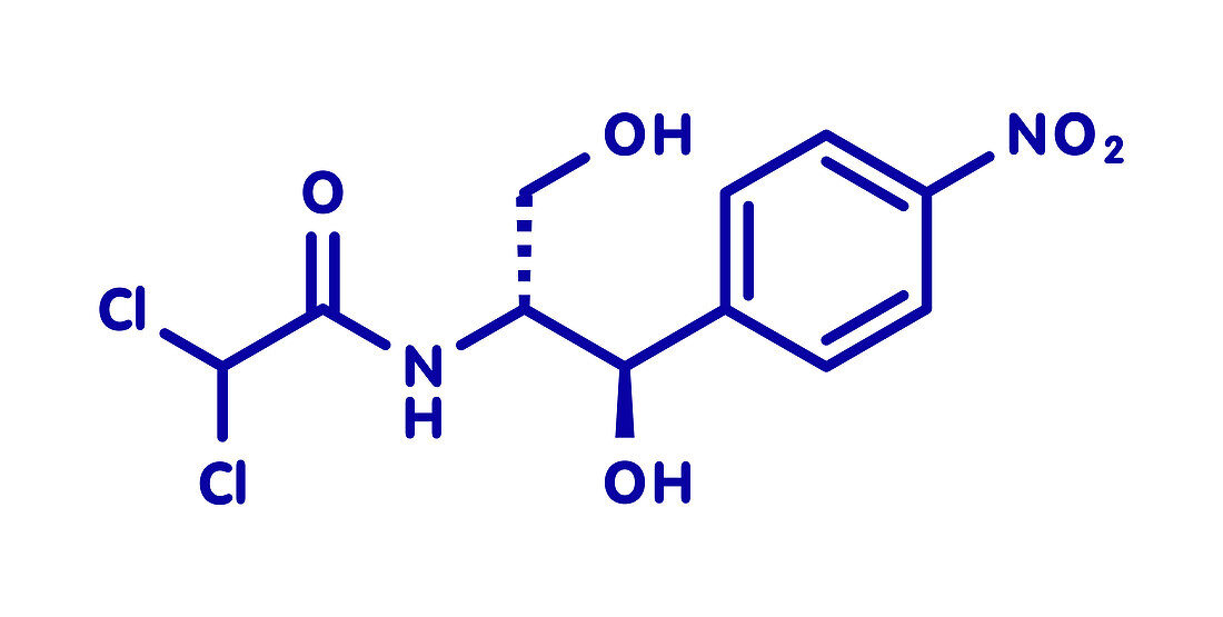 Chloramphenicol antibiotic drug, molecular model