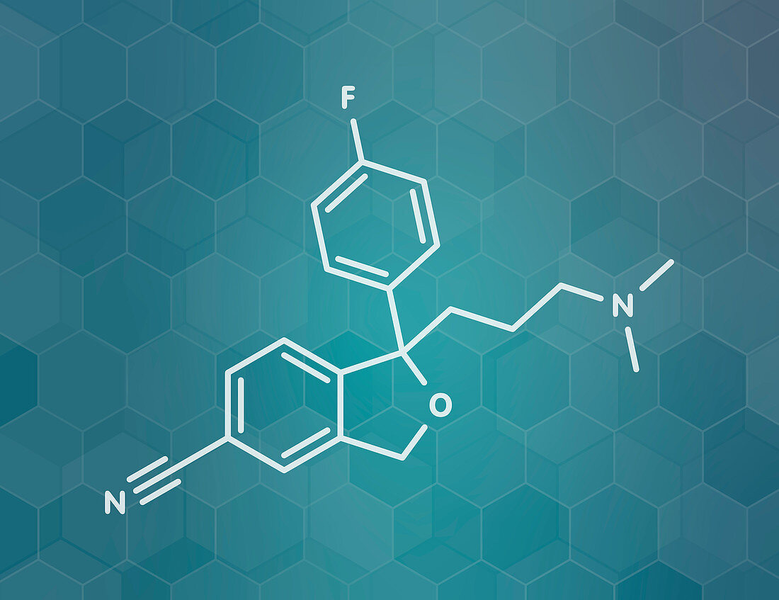 Citalopram anti-depressant drug, molecular model