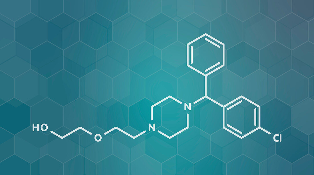 Hydroxyzine antihistamine drug, molecular model