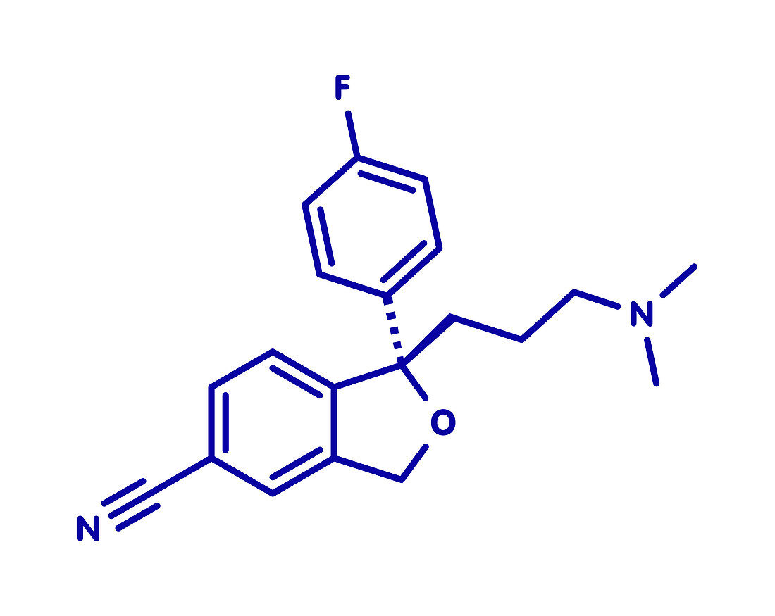 Escitalopram antidepressant drug, molecular model
