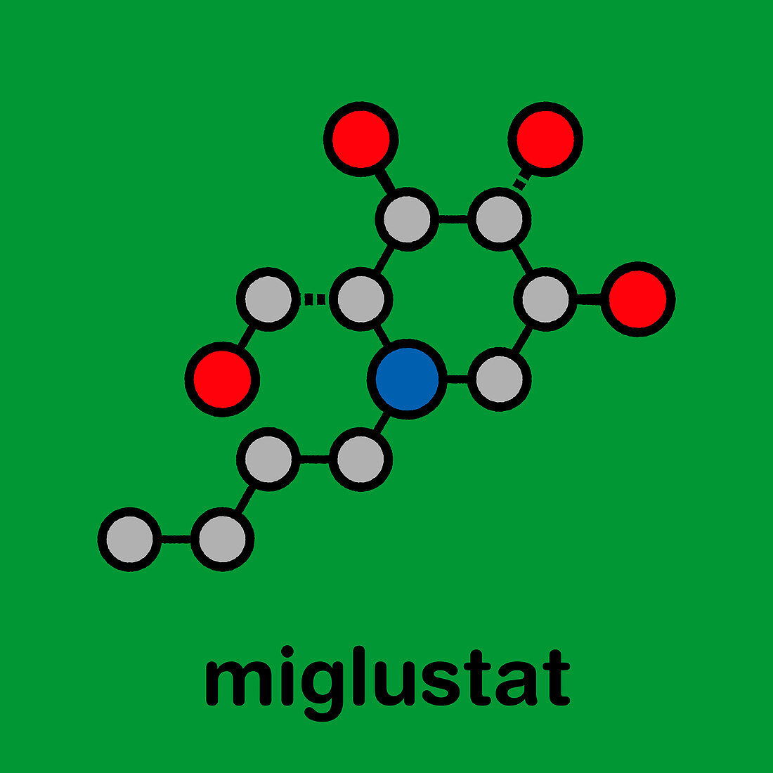 Miglustat Gaucher disease drug, molecular model