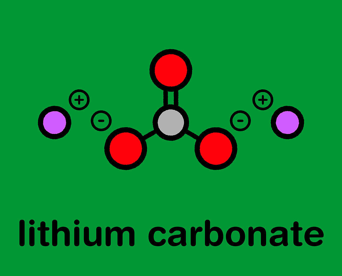 Lithium carbonate bipolar disorder drug, molecular model