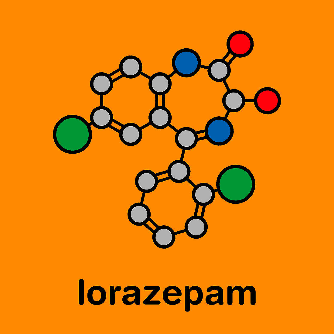 Lorazepam sedative and hypnotic drug, molecular model