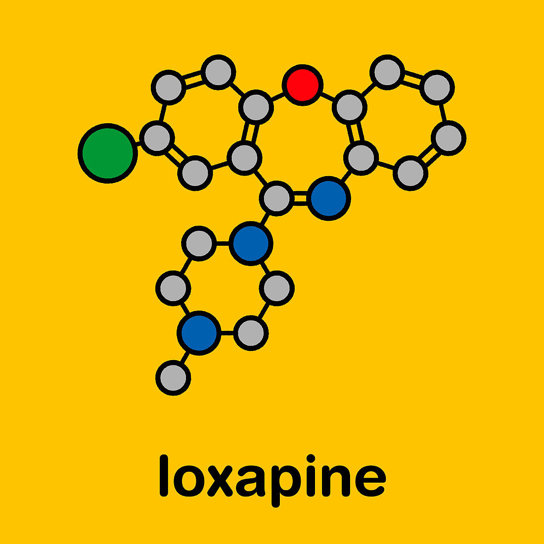 Loxapine antipsychotic drug, molecular model