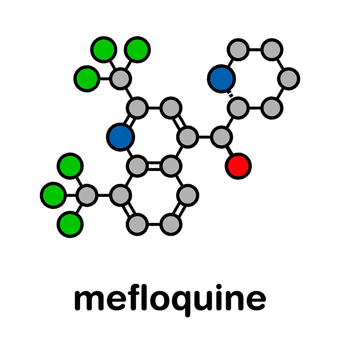 Mefloquine malaria drug, molecular model
