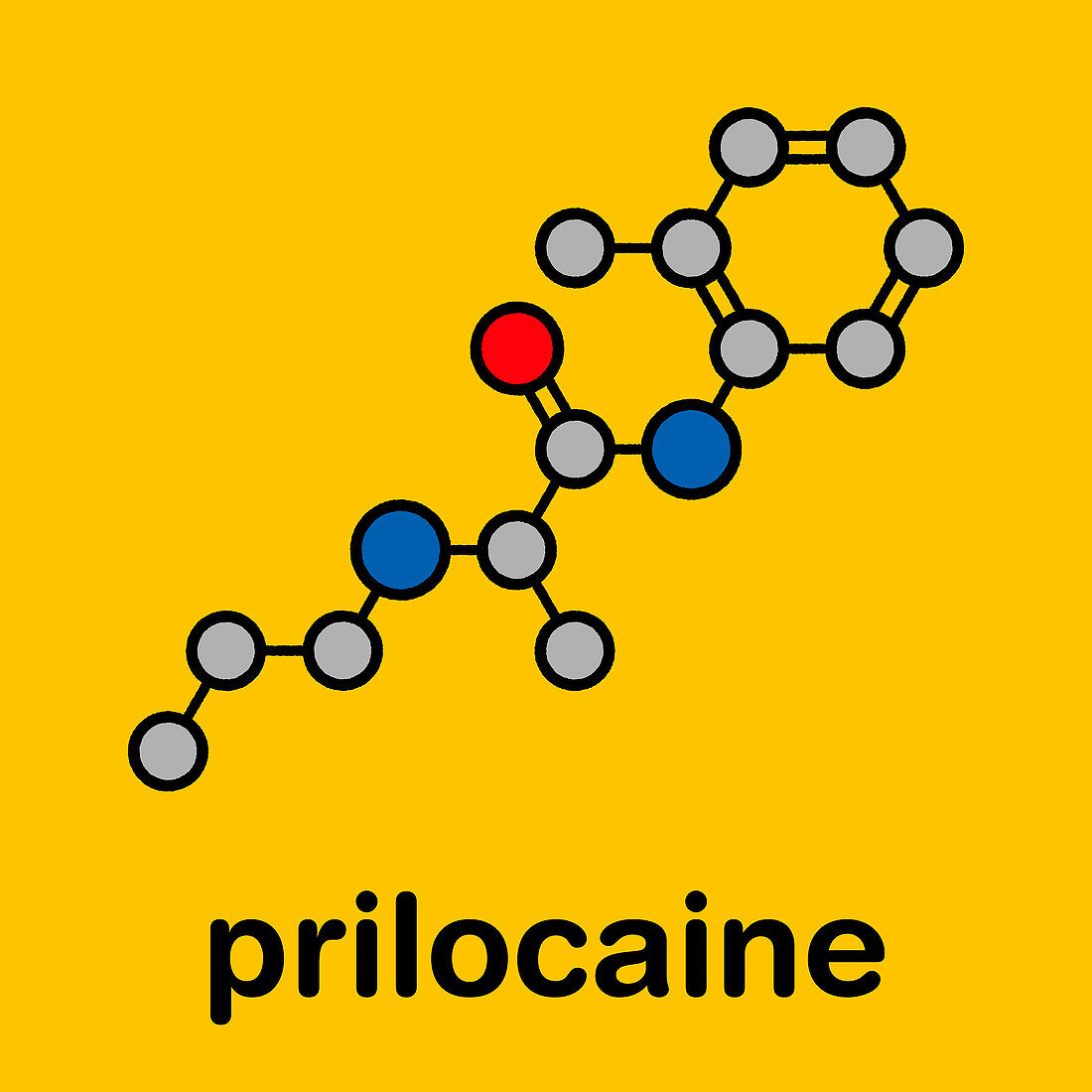 Prilocaine local anesthetic drug, molecular model