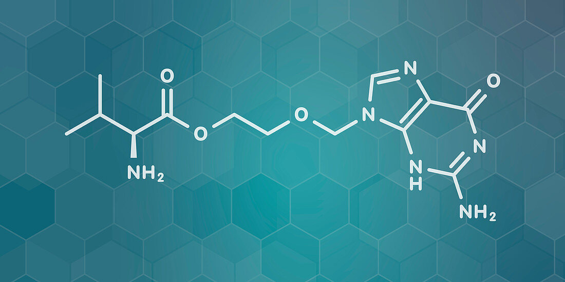 Valaciclovir herpes infection drug, molecular model