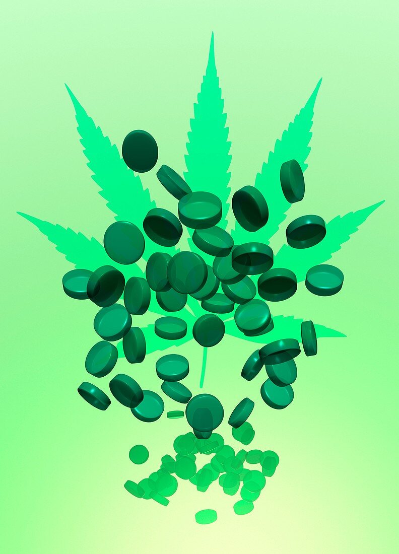 Cannabis leaf and pills, illustration