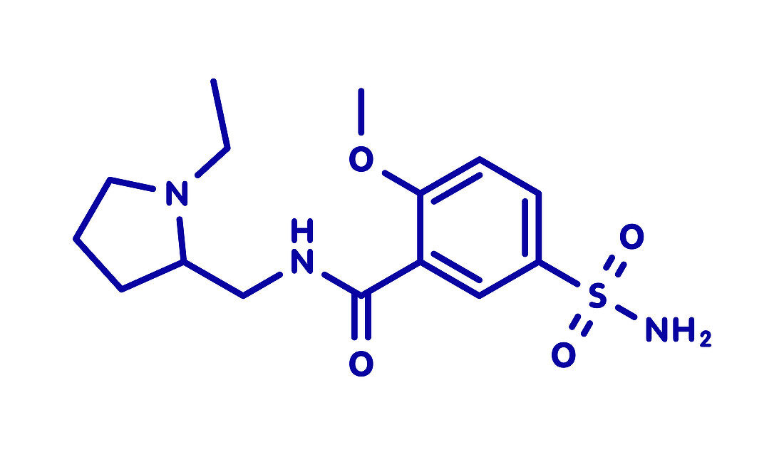 Sulpiride antipsychotic drug, molecular model