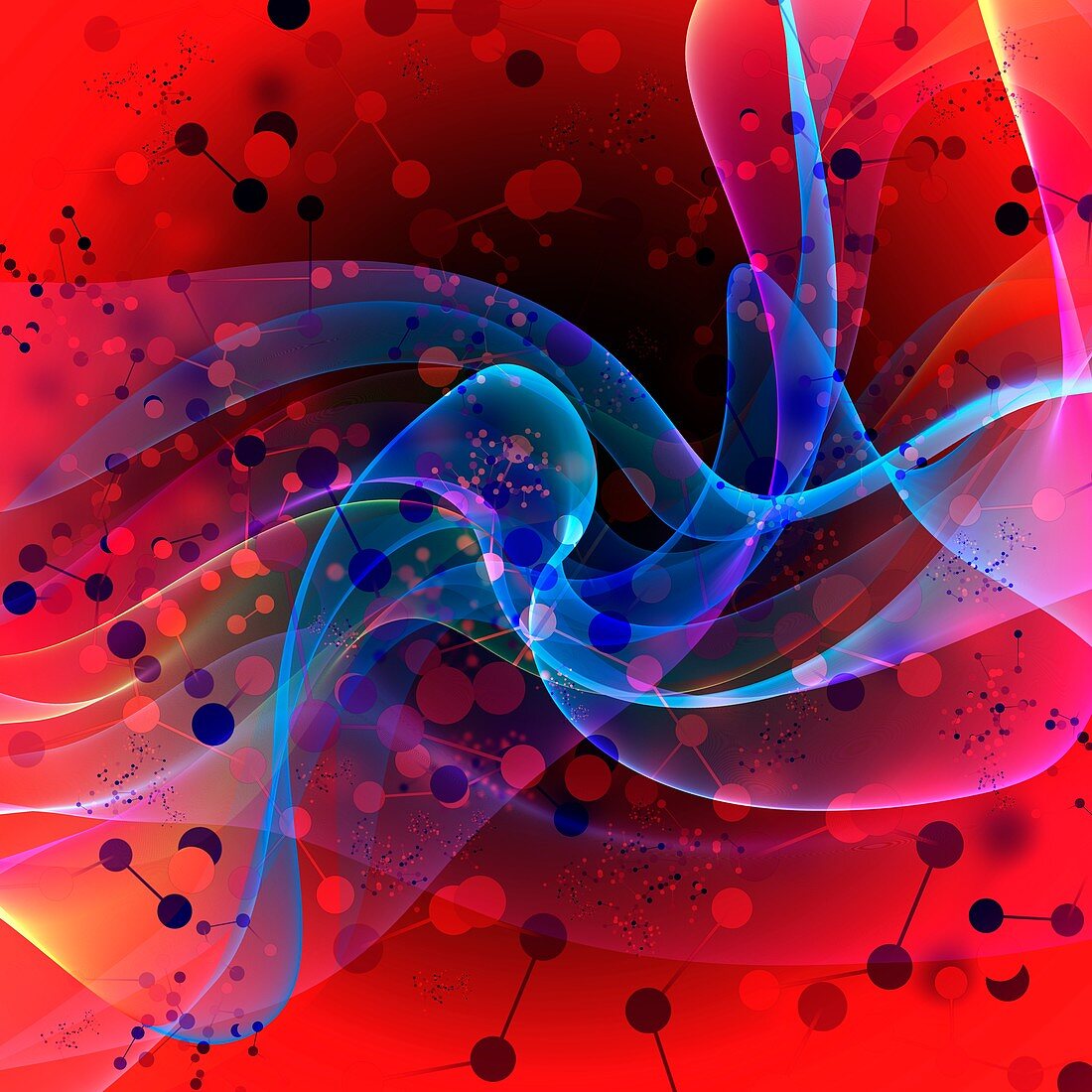 Blue swirls against red, illustration