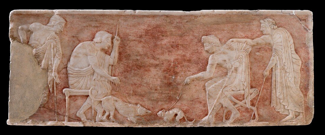 Painted bas relief of dog and cat fight.