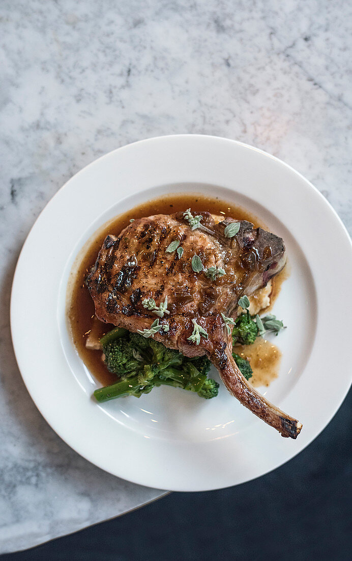 Pork ribeye, white bean purée, purple sprouting broccoli, fig glaze