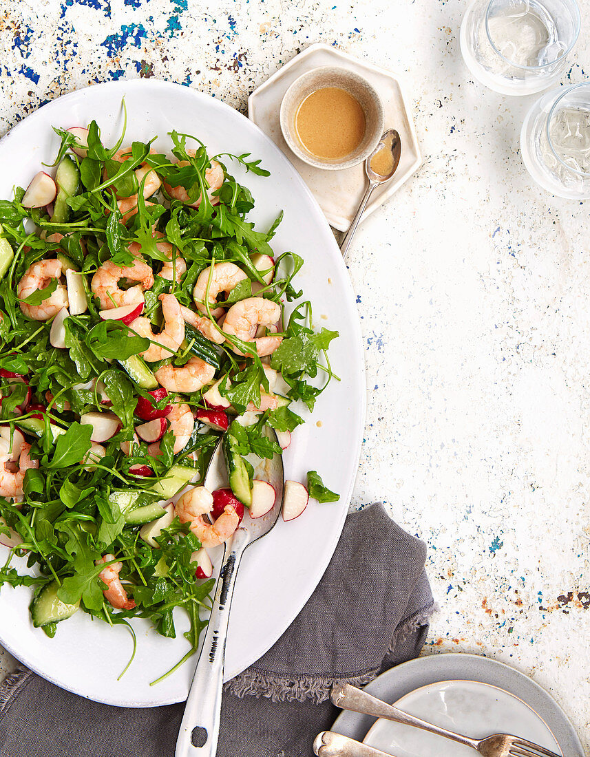 Prawn, cucumber and avocado salad with miso dressing