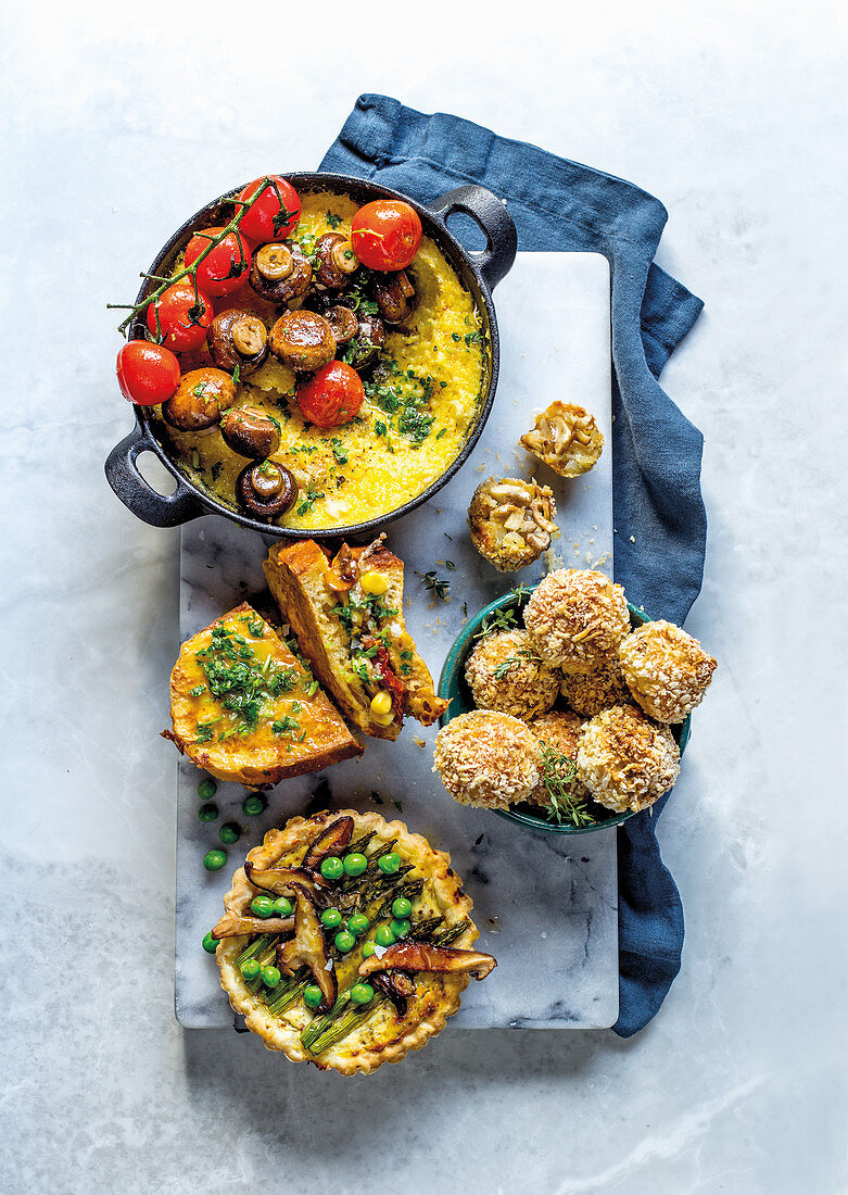 Oven baked polenta with mushrooms, Mushroom French toast, Mushroom arancini and Mushroom tart