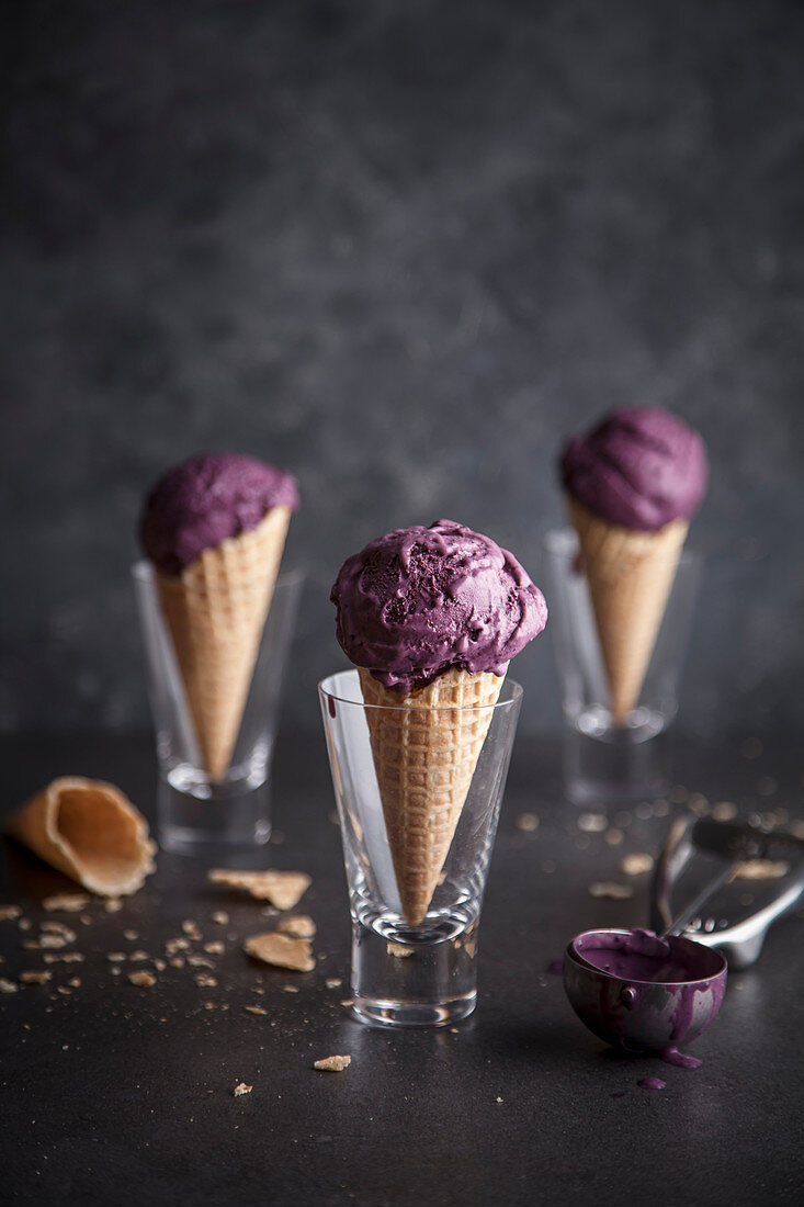 Blueberry ice cream cones