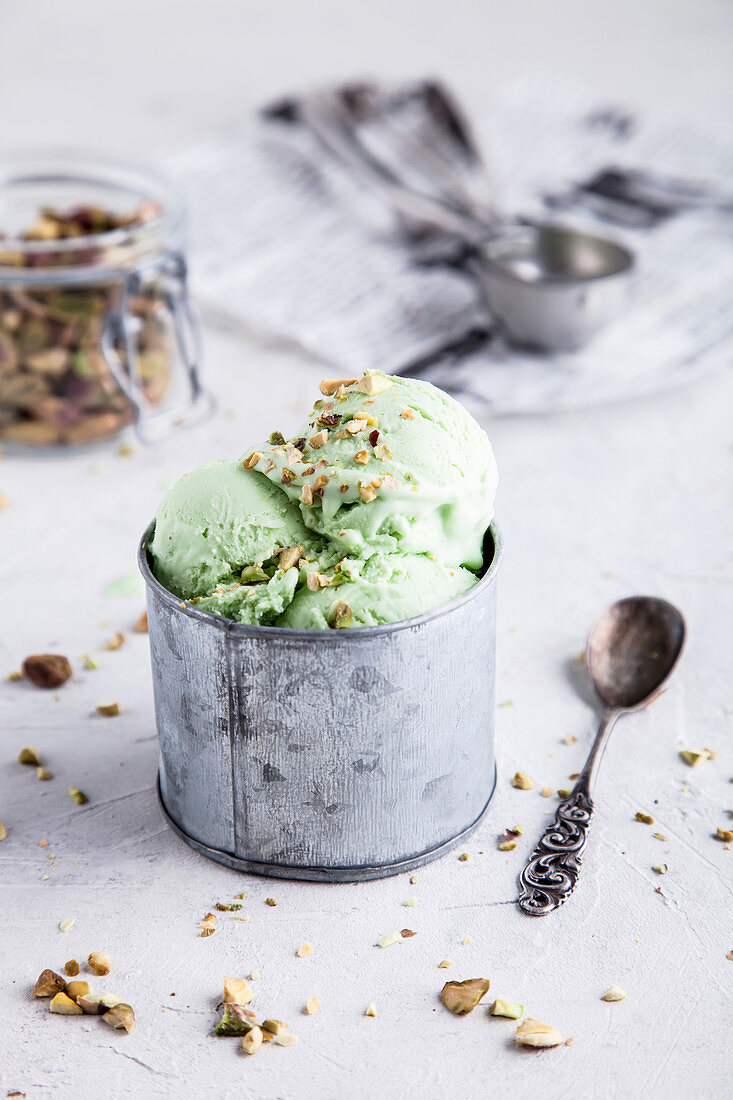 Pistachio ice cream with crushed pistachios on top